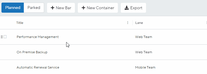 table view parked and planned items