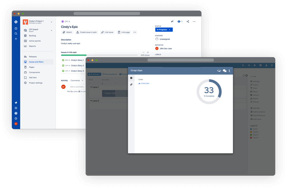 Screenshot of the ProductPlan roadmapping tool’s Jira integration.