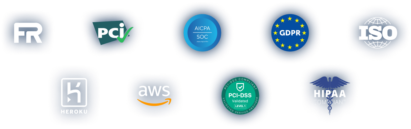 Image of the logos of The Federal Risk and Authorization Management Program, PCI, AICPA SOC, GDRP, ISO, Heroku, AWS, PCI-DSS, HIPAA